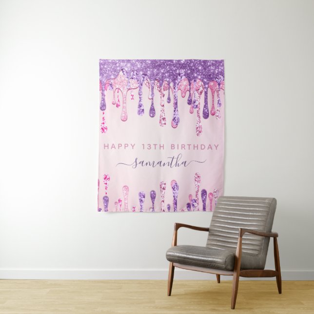 Tenture Fête d'anniversaire 13 ans Paillettes roses violet (En situation)