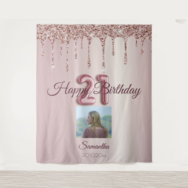 Tenture Fête d'anniversaire 21 ans Ballon Rose Gold Paille (Devant)