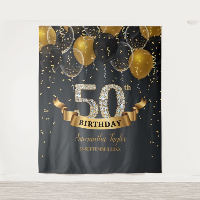 Tenture Fête d'anniversaire 50 ans diamant ballons noir or (Devant)