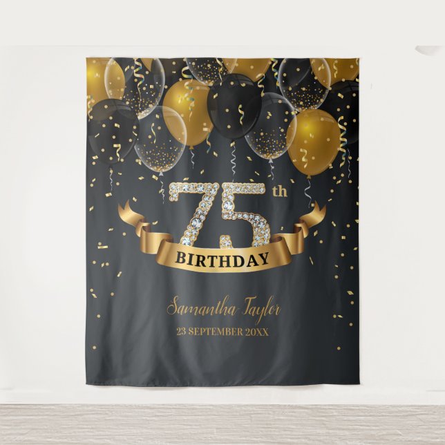 Tenture Fête d'anniversaire 75 ans diamant ballons noir or (Devant)