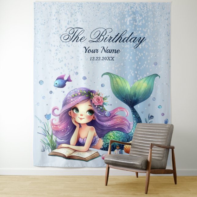 Tenture Fête d'anniversaire aquarelle Sirène Mer Vie migno (En situation)