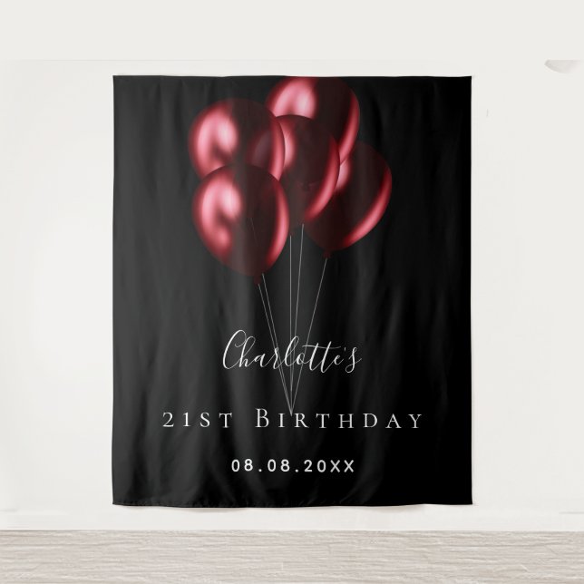 Tenture Fête d'anniversaire ballons noirs rouges nom  (Devant)
