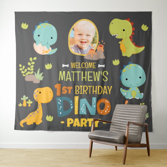 Tenture Fête d'anniversaire de dinosaure Dino mignon moder (En situation (horizontale))