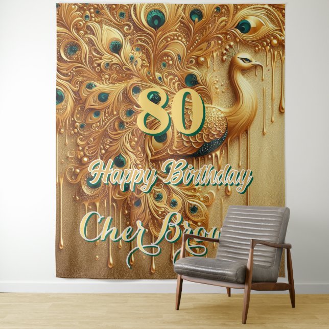Tenture Fête d'anniversaire Gold Dripping | Paon pailleté (En situation)