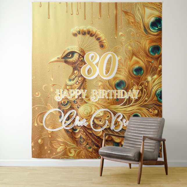Tenture Fête d'anniversaire Gold Dripping | Paon pailleté (En situation)