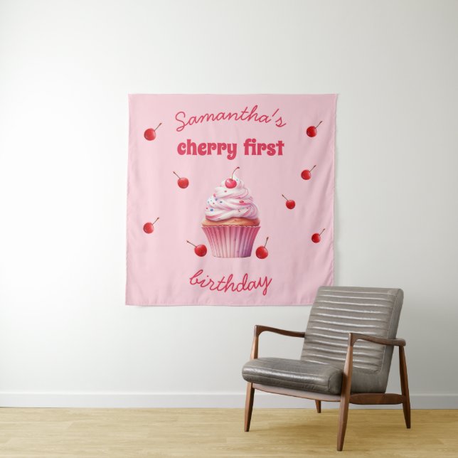Tenture Fête d'anniversaire pour bébé rose Cerise & Cupcak (En situation)