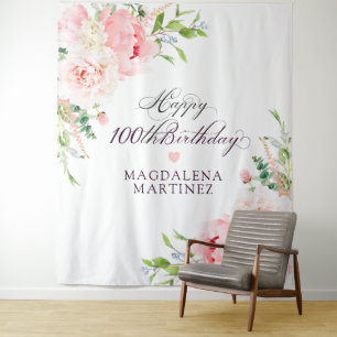 Tenture Fête de 100e anniversaire personnalisée fleurs ros