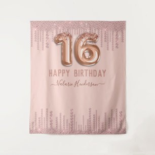Tenture Fête de 16 ans joyeuse aux diamants roses scintill