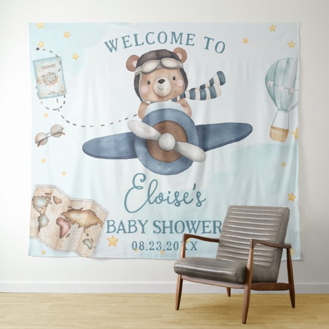 Tenture Fête de bébé garçon ourson mignon avion bleu Avent (En situation (horizontale))