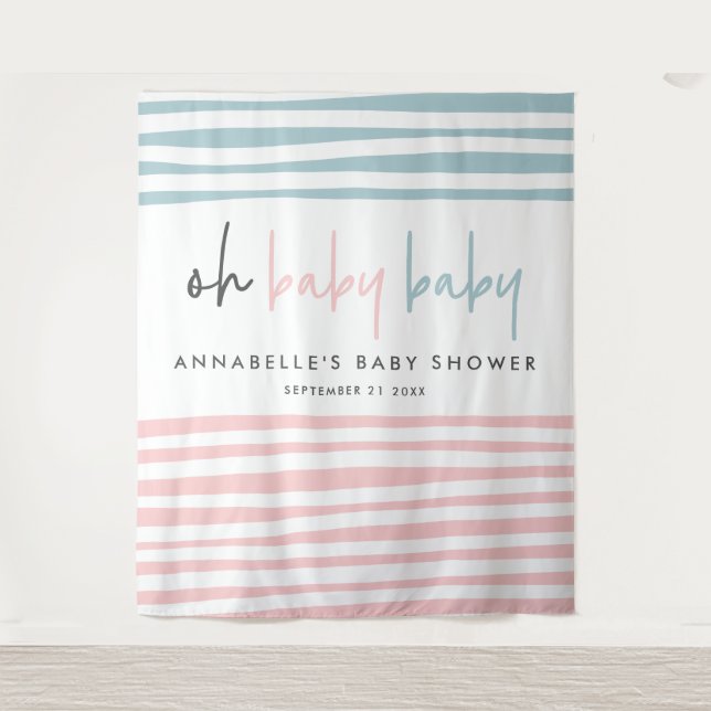 Tenture Fête de bébé jumeaux typographie moderne rose bleu (Devant)