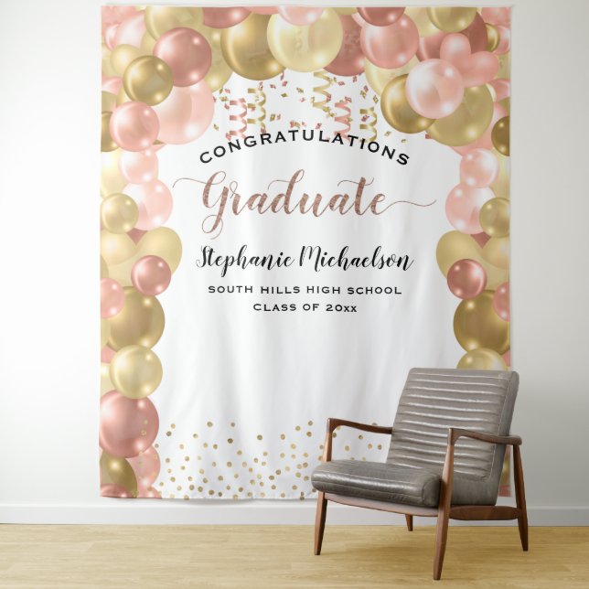 Tenture Fête de fin d'études Ballons Rubans Rose Gold (En situation)