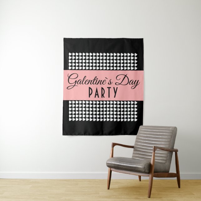 Tenture Fête de Galentine Party motif cœur noir et blanc (En situation)