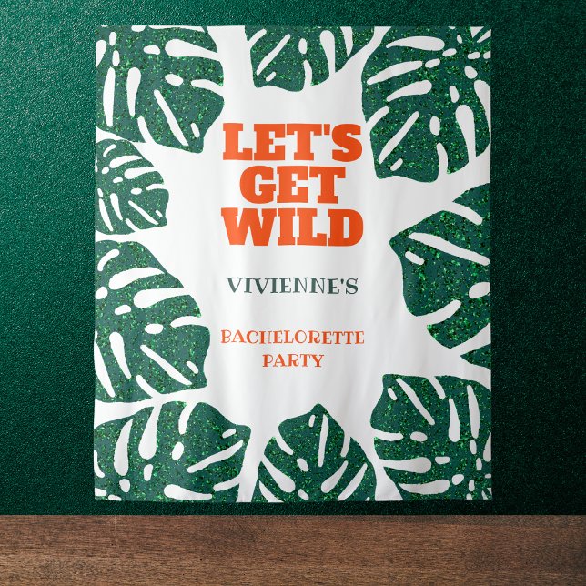 Tenture Fête de la bachelorette tropicale sauvage (let's get wild tropical bachelorette party backdrop glitter monstera orange and green)