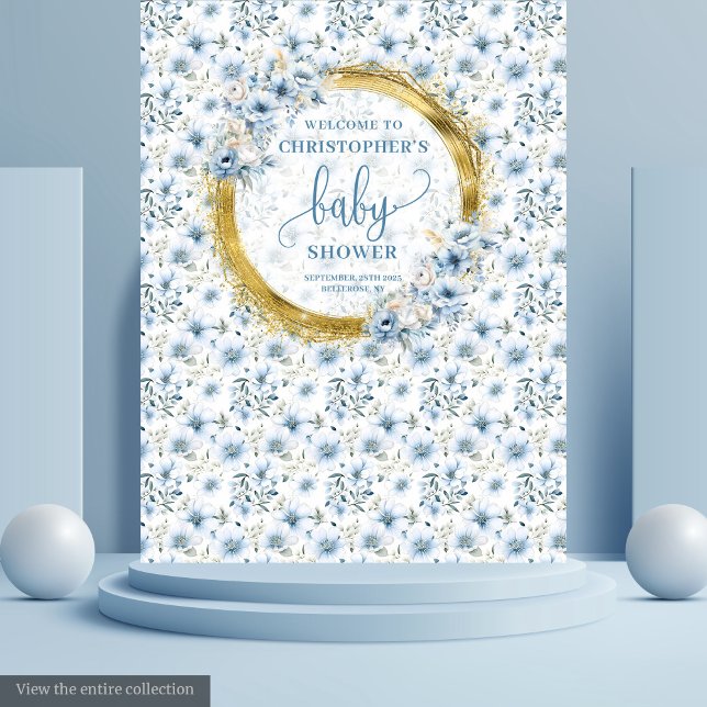 Tenture Fête de naissance garçon fleurs bleu pastel élégan (Stylish pastel blue flowers gold boy baby shower Tapestry )