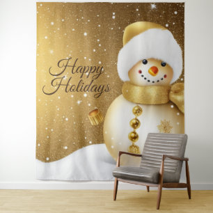 Tenture Fête de Noël Bonhomme de Neige Doré Flocons de Nei