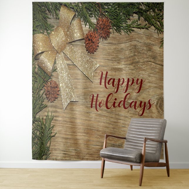 Tenture Fête de Noël Feuilles Vertes Dorées Rouges Rustiqu (En situation)