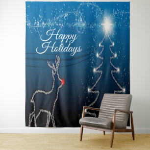 Tenture Fête de Noël Renne Arbre Ciel Bleu Étoiles Brillan