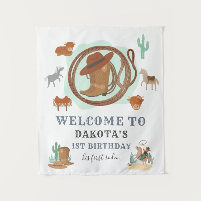 Tenture Fête de premier anniversaire Cowboy Bienvenue (Devant)