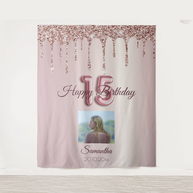 Tenture Fête des 15 ans Rose Gold Ballon Paillettes (Devant)