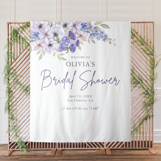 Tenture Fête des mariées chic de fleurs violettes bienvenu (Chic Purple Flower Gown Bridal Shower Welcome Tapestry)