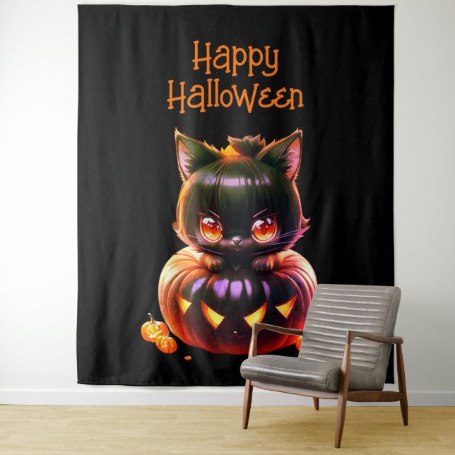 Tenture Fête d'Halloween Chat Noir Citrouille Horreur Effr (En situation)