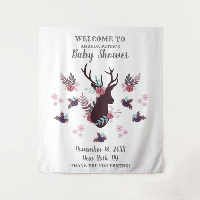 Tenture Fête Prénatale Bébé Fille Fleur Mauve Tête de Cerf (Devant)