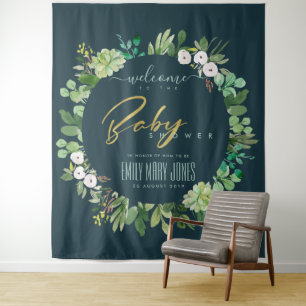 TENTURE FEUILLE VERT BLEU AQUARELLE BIENVENUE BABY SHOWER