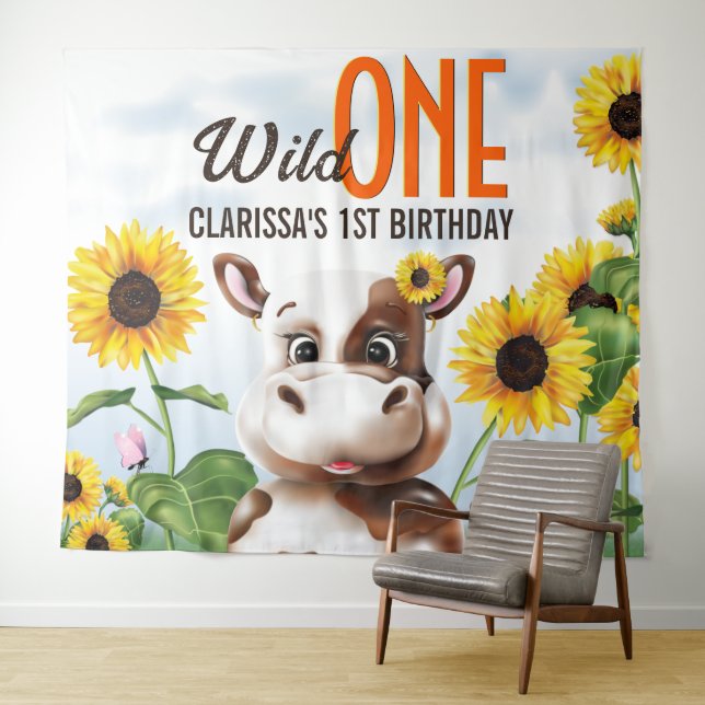 Tenture Fille de Tournesol de vache premier anniversaire (En situation (horizontale))