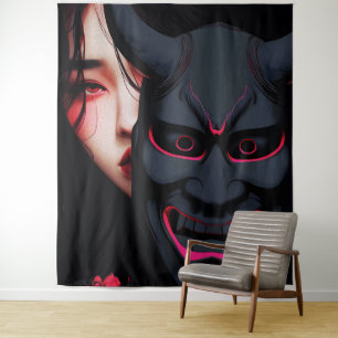 Tenture Fille Mystérieuse avec Masque Oni Horreur Japonais