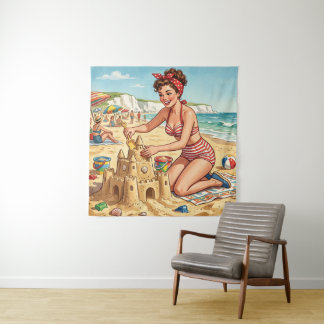 Tenture Fille Pin Up Vintage Construisant un Château de Sa