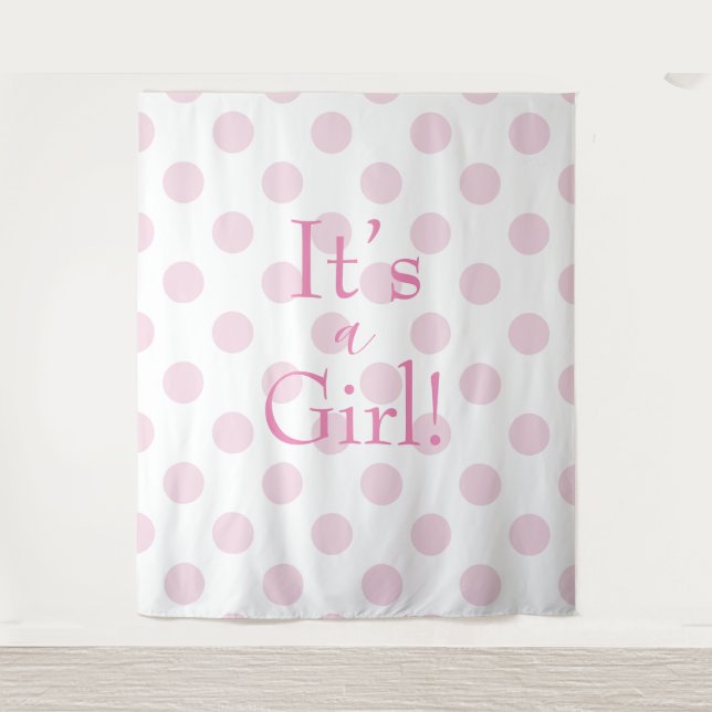 Tenture Fille Rose Baby Shower avec pois et écriture (Devant)