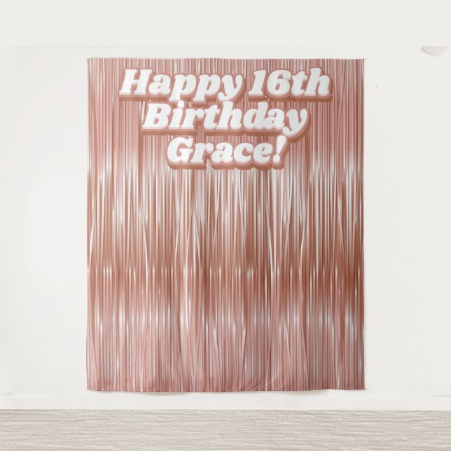 Tenture Filles 16e anniversaire Rose Gold Faux Tinsel fond (Devant)