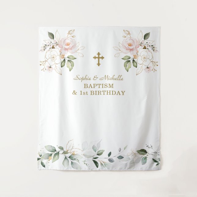 Tenture Filles Florales Roses Jumelles Baptême 1er Anniver (Devant)