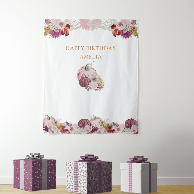 Tenture Filles Florales Rustiques Citrouilles Roses Annive (Baby shower or birthday party backdrop with pink autumn pumpkins)