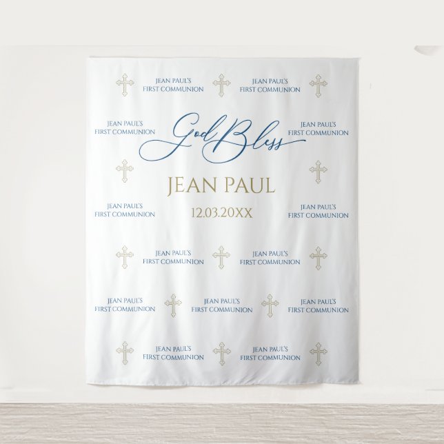 Tenture First Communion banner backdrop blue and gold (Devant)