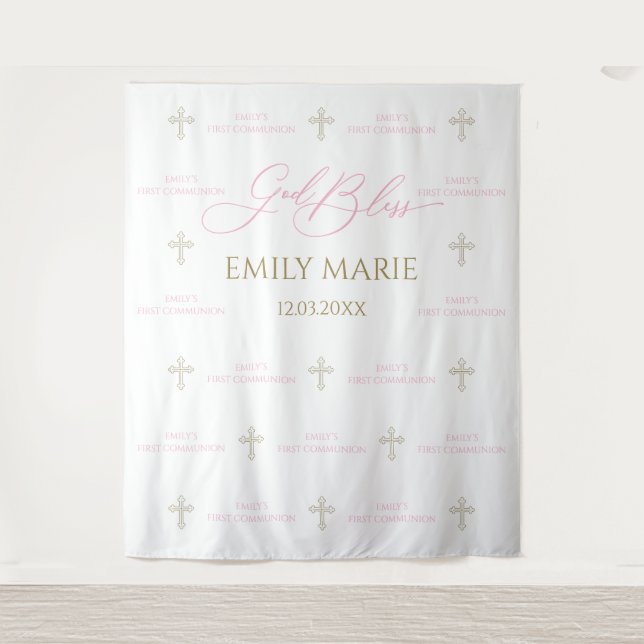 Tenture First Communion banner backdrop pink and gold (Devant)