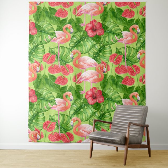 Tenture Flamant rose et plantes tropicaux (En situation)