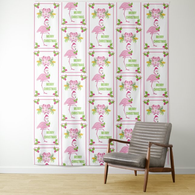Tenture Flamant rose rose Motif de Noël tropical (En situation)