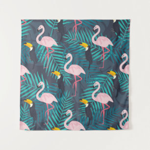 Tenture Flamant rose, toucan : motif de feuilles tropicale