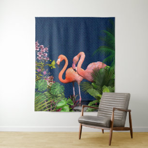 Tenture Flamants roses bleus classiques Feuilles verts