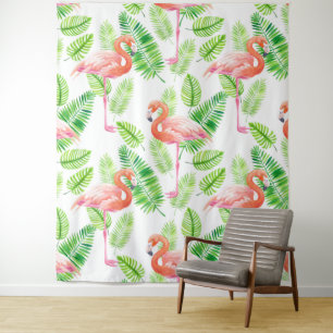 Tenture Flamants roses et feuilles tropicaux
