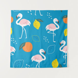 Tenture Flamants roses, fruits tropicaux abstraits, patter