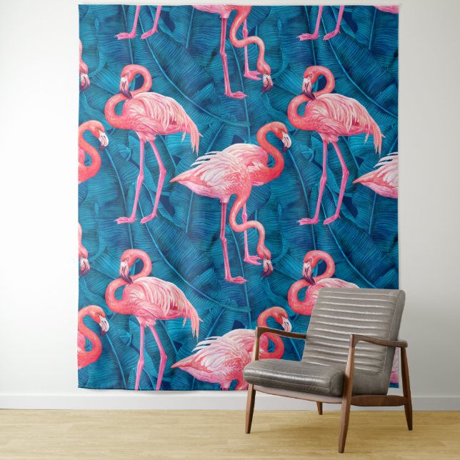 Tenture Flamants roses sur feuilles de bananes bleues (En situation)