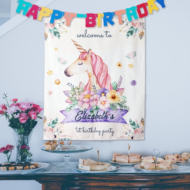 Tenture Fleur aquarelle Unicorn Fille Accueil d'anniversai (Watercolor Flower Unicorn Girl Birthday Welcome Tapestry)