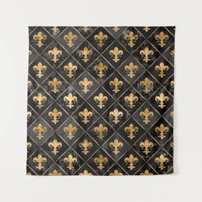 Tenture Fleur de lis motif Marbre noir et or (Devant)