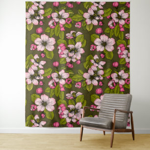Tenture Fleur de pomme sur vert foncé