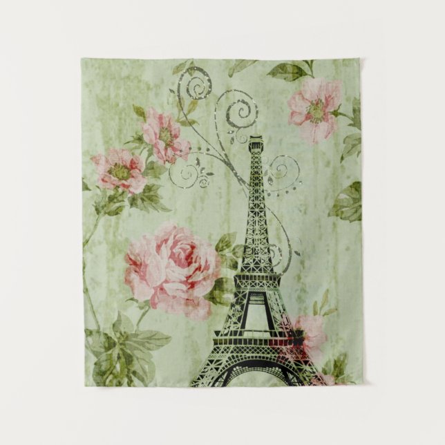 Tenture fleur de printemps rose mint tour eiffel française (Devant)