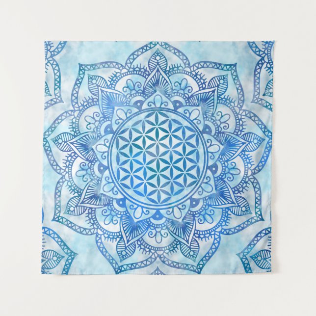 Tenture Fleur de vie à Lotus - Bleu du ciel doux (Devant)