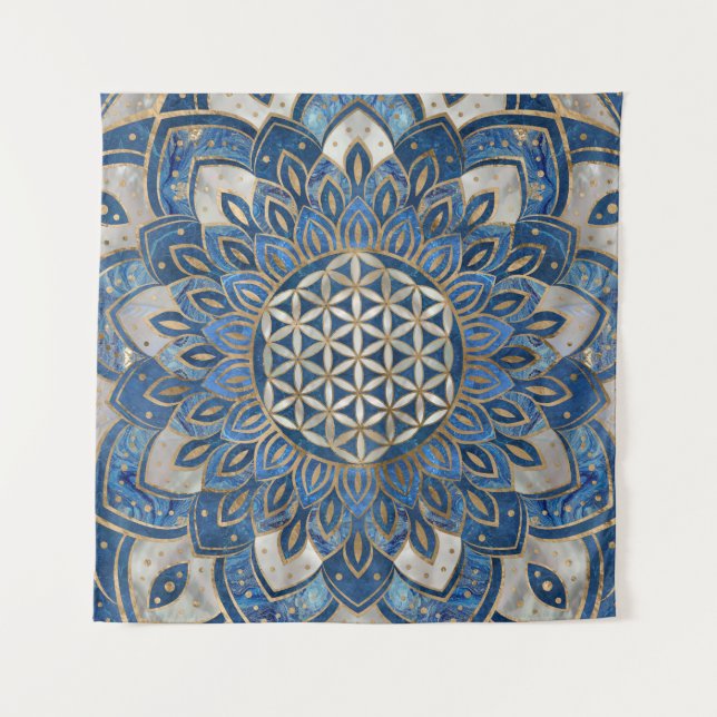 Tenture Fleur de vie à Lotus - Marbre bleu et perle (Devant)