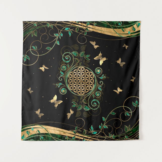 Tenture Fleur de vie - Malachite et papillons (Devant)
